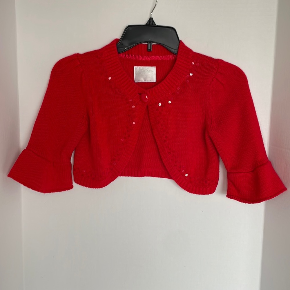 Justice red cropped sweater cardigan with short bell sleeves girls size M (12)